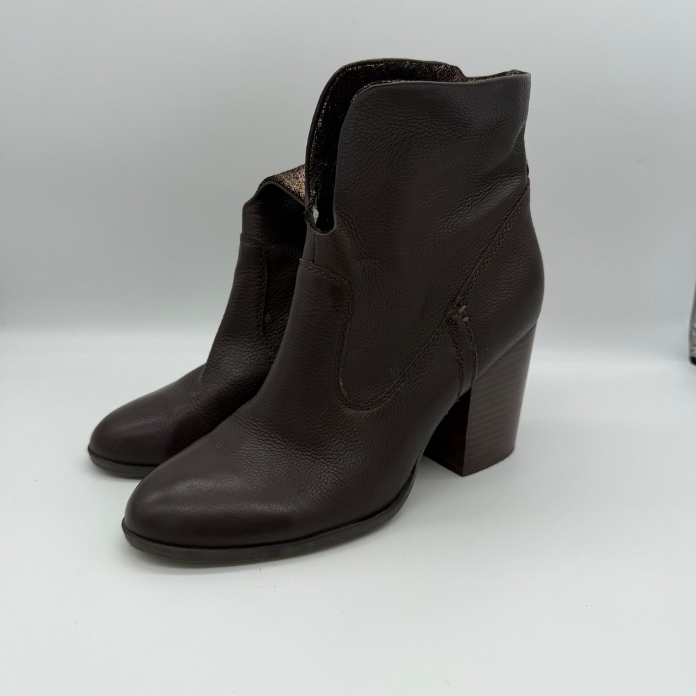 Lucca Lane Kat Brown Leather Metallic Almond Toe Ankle Boots Size 9M Block Heel